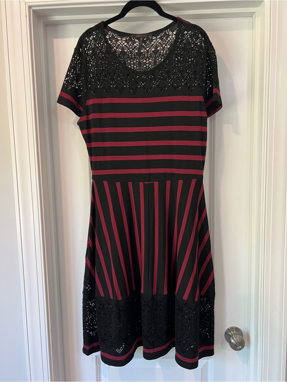 BCBGMaxAzria Black and Burgundy Striped Knit Midi Dress